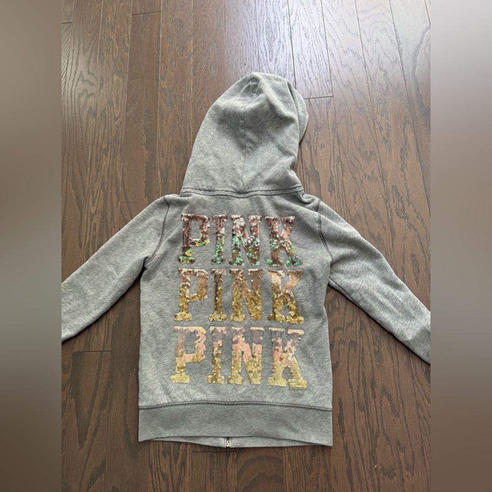 Victoria's Secret PINK Rainbow Sequin Bling Full Zip Hoodie Gray Size XS